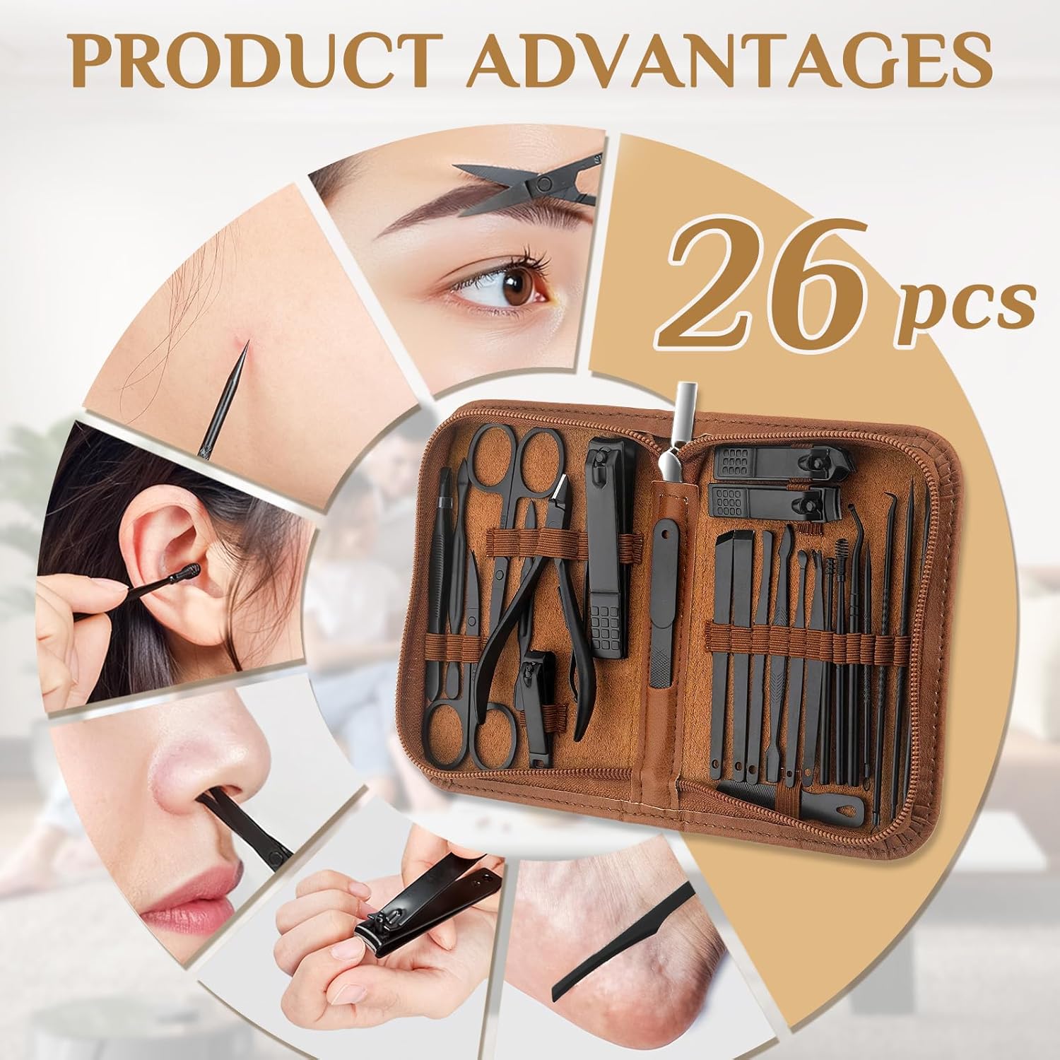 Manicure Set 26 Pieces Stainless Steel Travel Kit Brown - Image 8